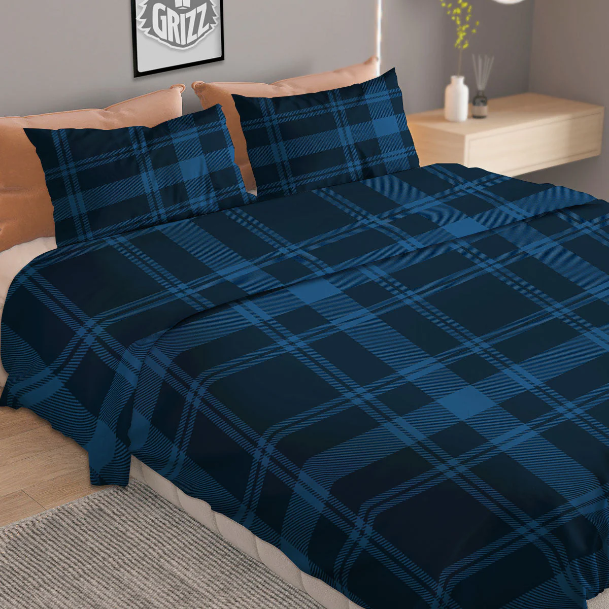 Buffalo Plaid Black And Navy Print Duvet Cover Bedding Set - Image 2