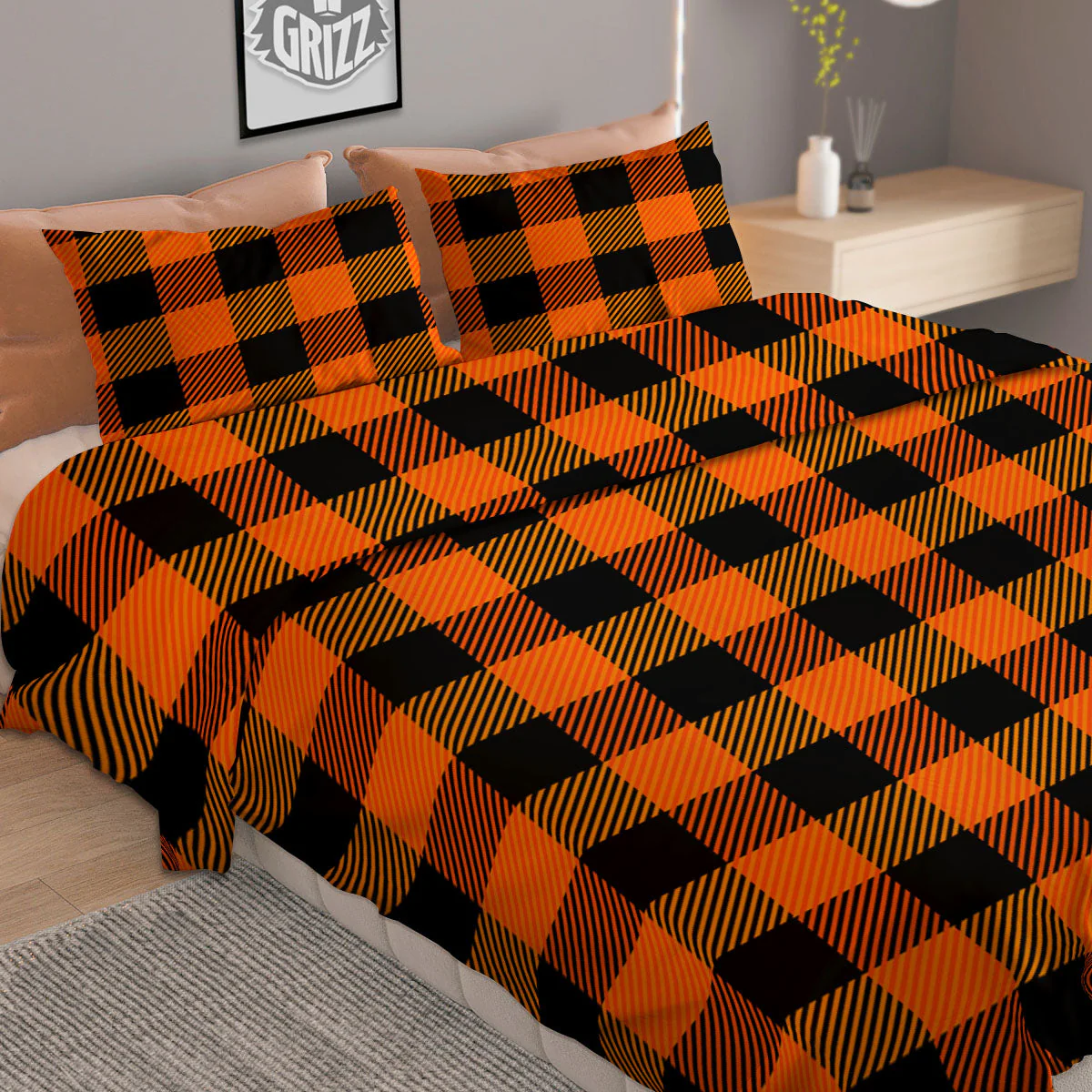 Buffalo Plaid Black And Orange Print Duvet Cover Bedding Set - Image 2