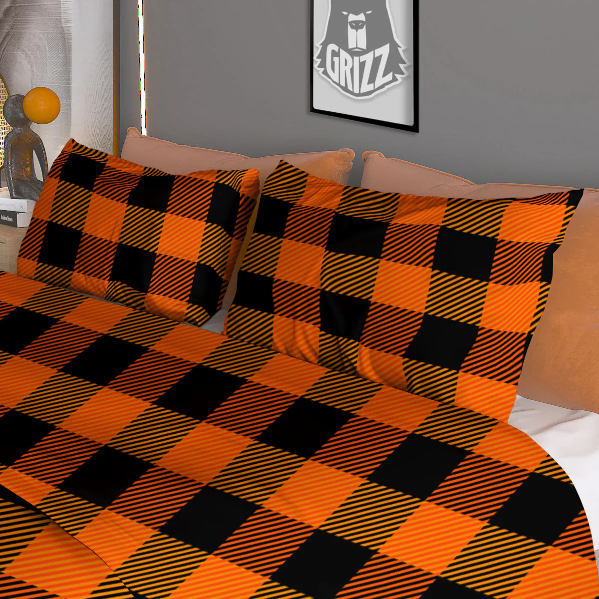 Buffalo Plaid Black And Orange Print Duvet Cover Bedding Set - Image 3