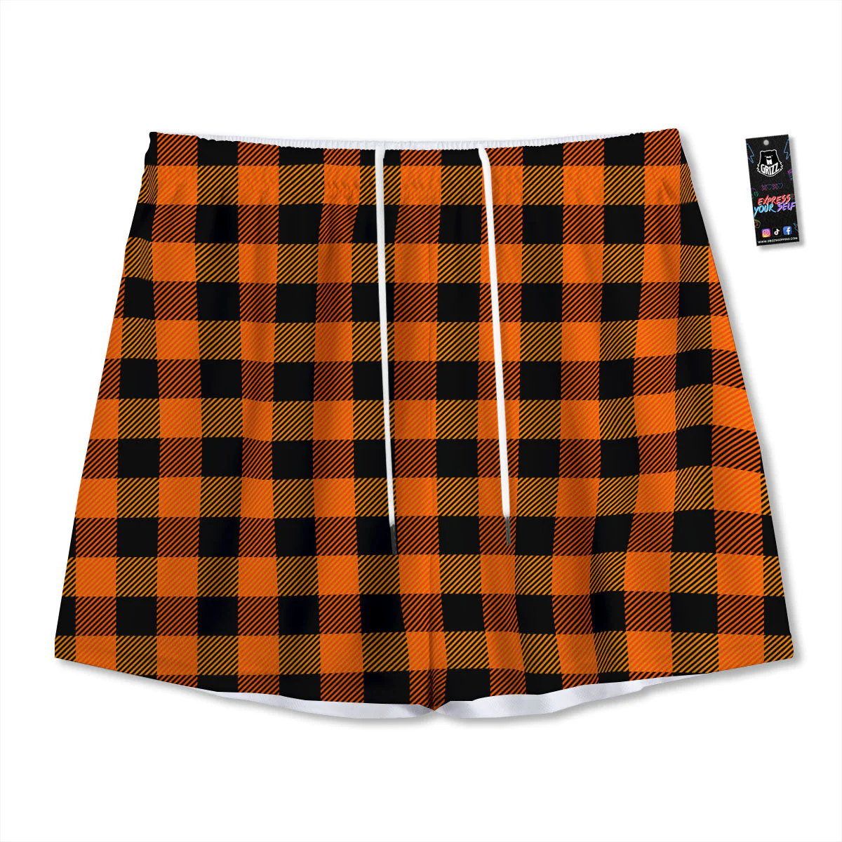 Buffalo Plaid Black And Orange Print Mesh Shorts