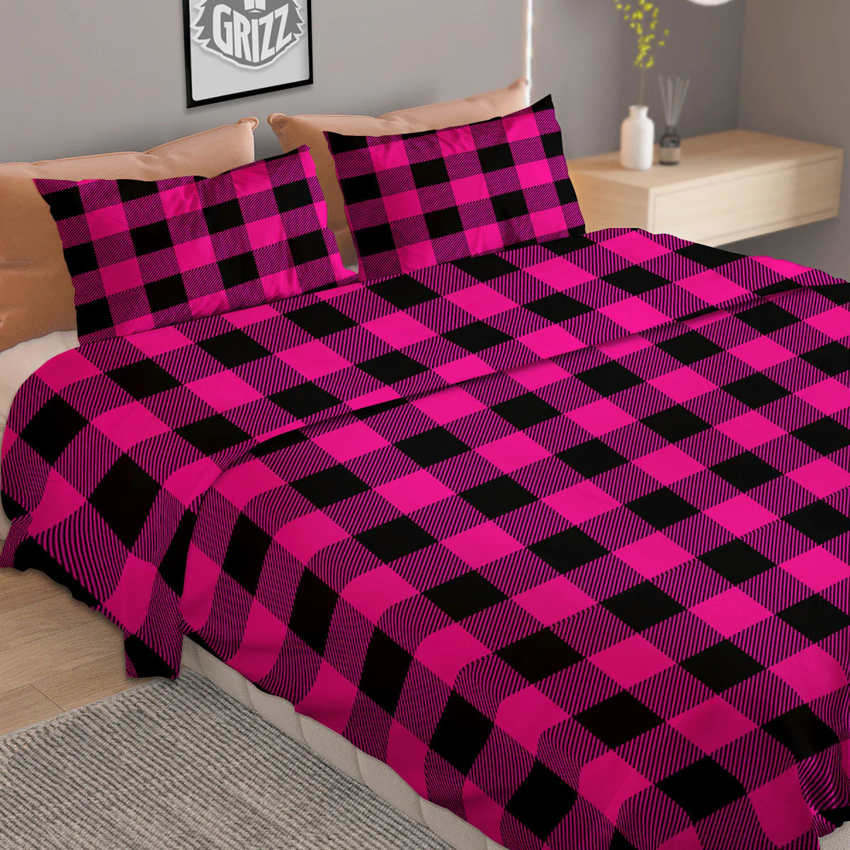 Buffalo Plaid Black And Pink Print Duvet Cover Bedding Set - Image 2