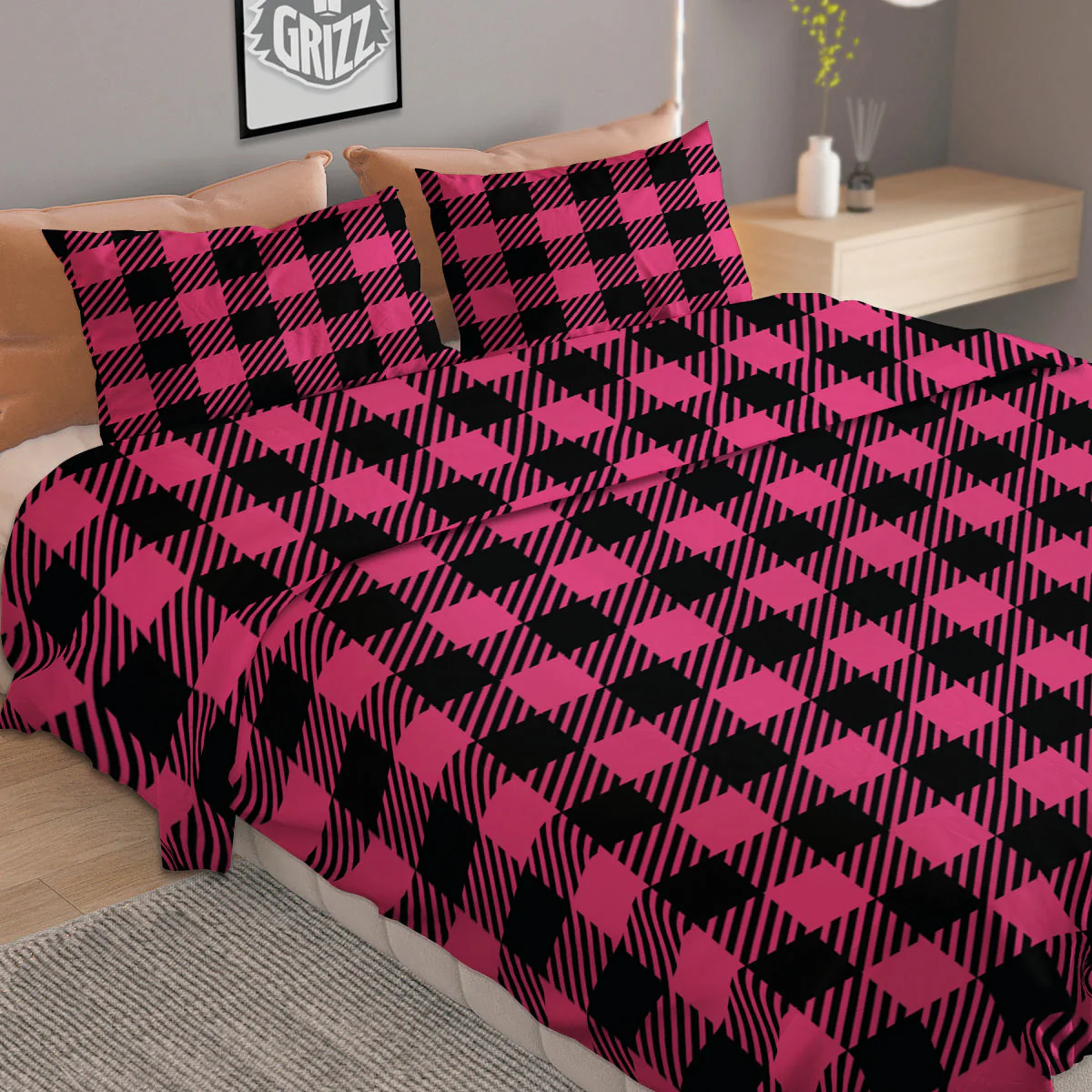Buffalo Plaid Hot Pink Print Duvet Cover Bedding Set - Image 2