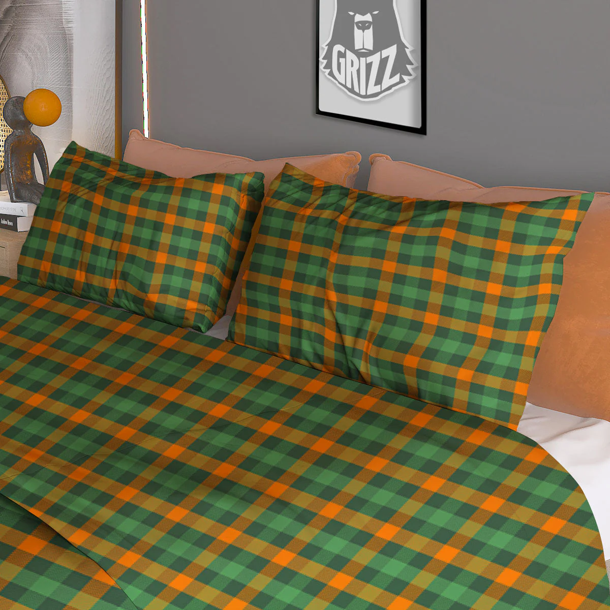Buffalo Plaid Orange And Green Print Duvet Cover Bedding Set - Image 3