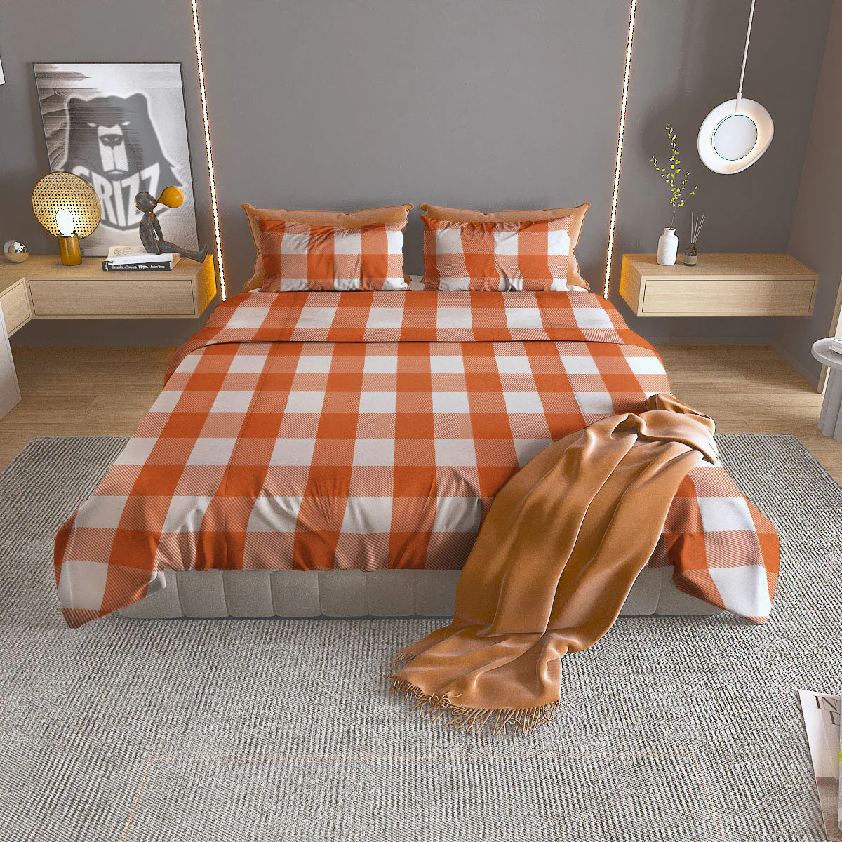 Buffalo Plaid Orange Print Duvet Cover Bedding Set