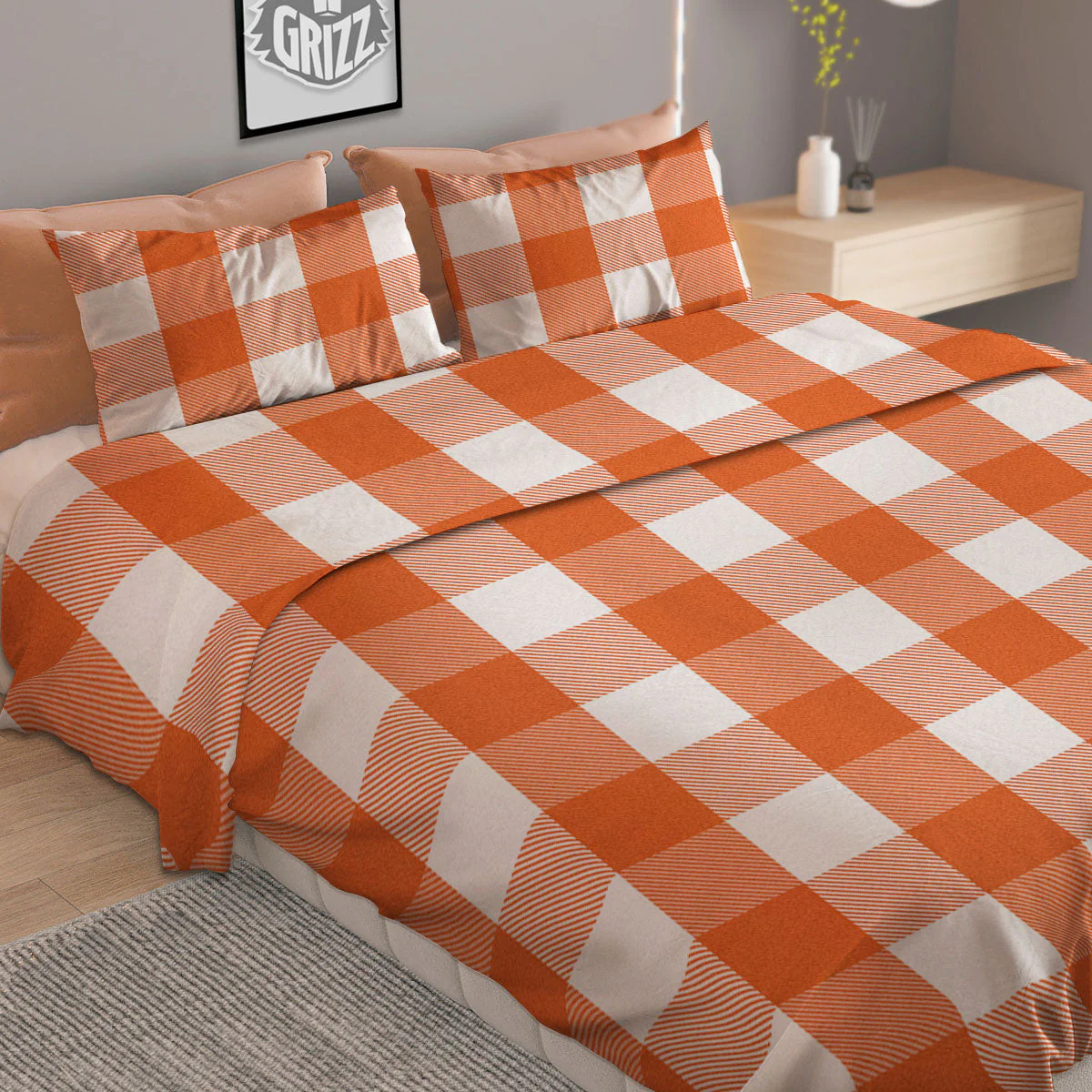 Buffalo Plaid Orange Print Duvet Cover Bedding Set - Image 2