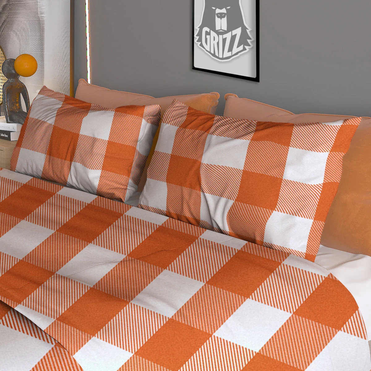 Buffalo Plaid Orange Print Duvet Cover Bedding Set - Image 3