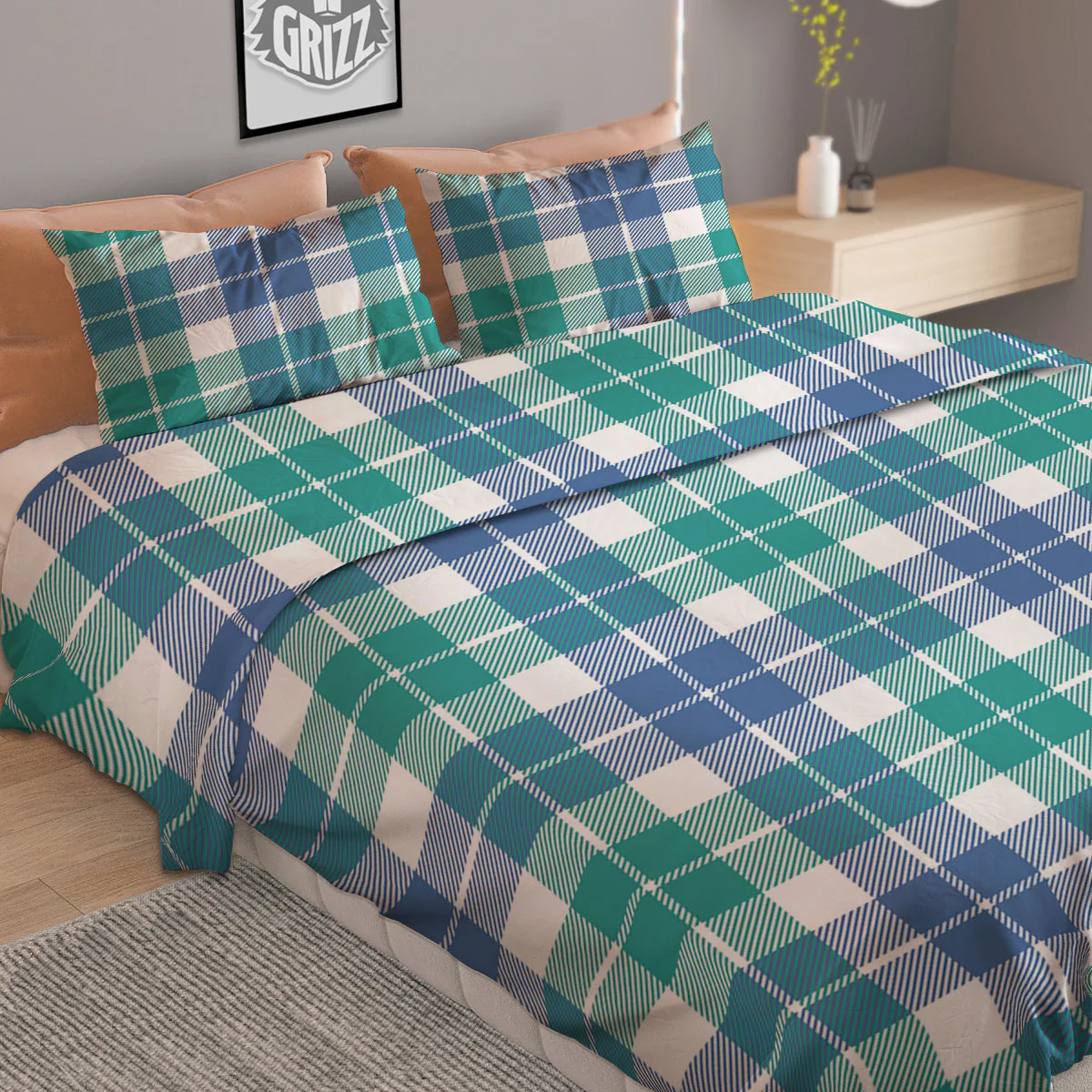 Buffalo Plaid White Green And Blue Print Pattern Duvet Cover Bedding Set - Image 2