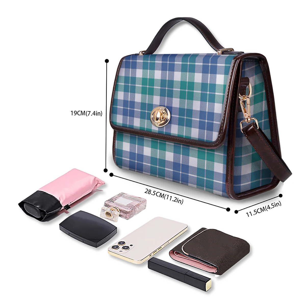 Buffalo Plaid White Green And Blue Print Pattern Women's Satchel Bag - Image 4