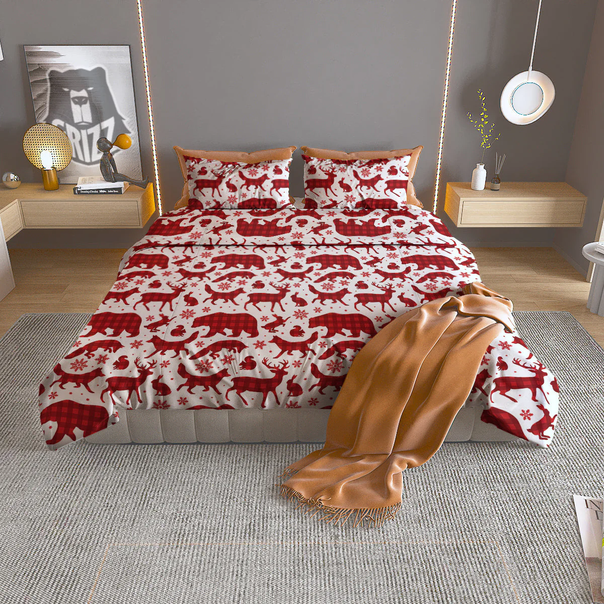 Buffalo Plaid Winter Forest Animal Print Pattern Duvet Cover Bedding Set