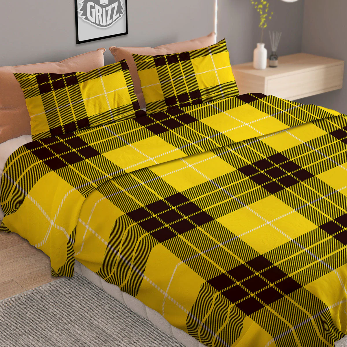 Buffalo Plaid Yellow Print Pattern Duvet Cover Bedding Set - Image 2