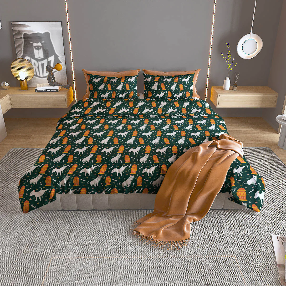 Bull Terrier Cartoon Print Pattern Duvet Cover Bedding Set