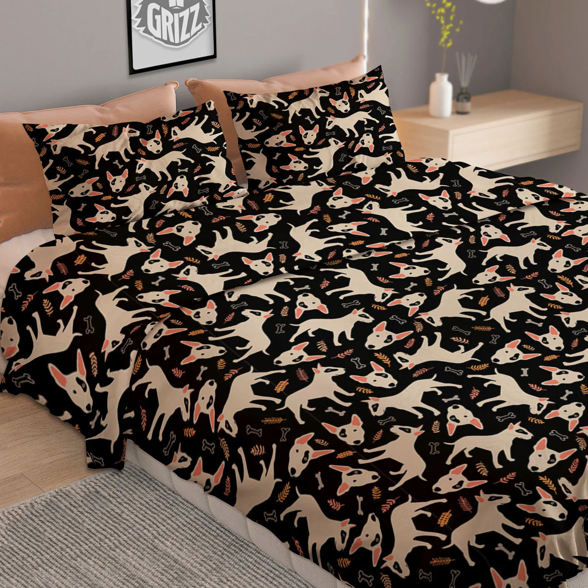 Bull Terrier Doodle Print Pattern Duvet Cover Bedding Set - Image 2