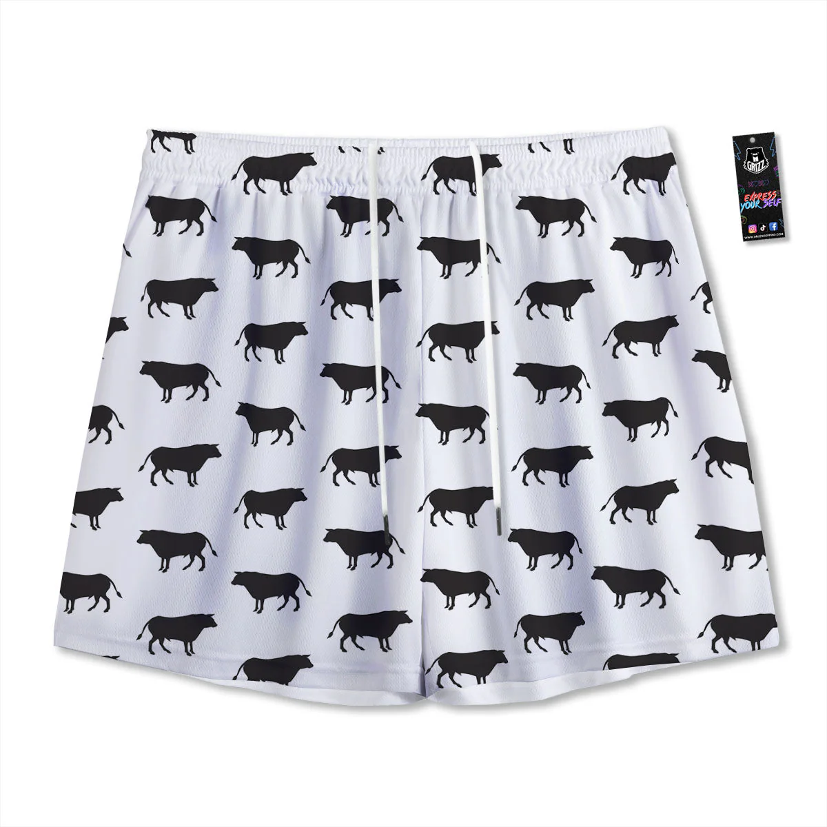 Bull White And Black Print Pattern Mesh Shorts