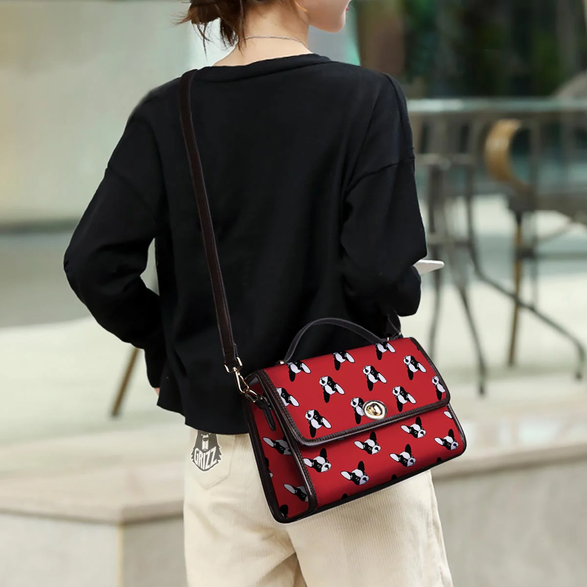 Bulldog Red French Print Pattern Women's Satchel Bag - Image 3