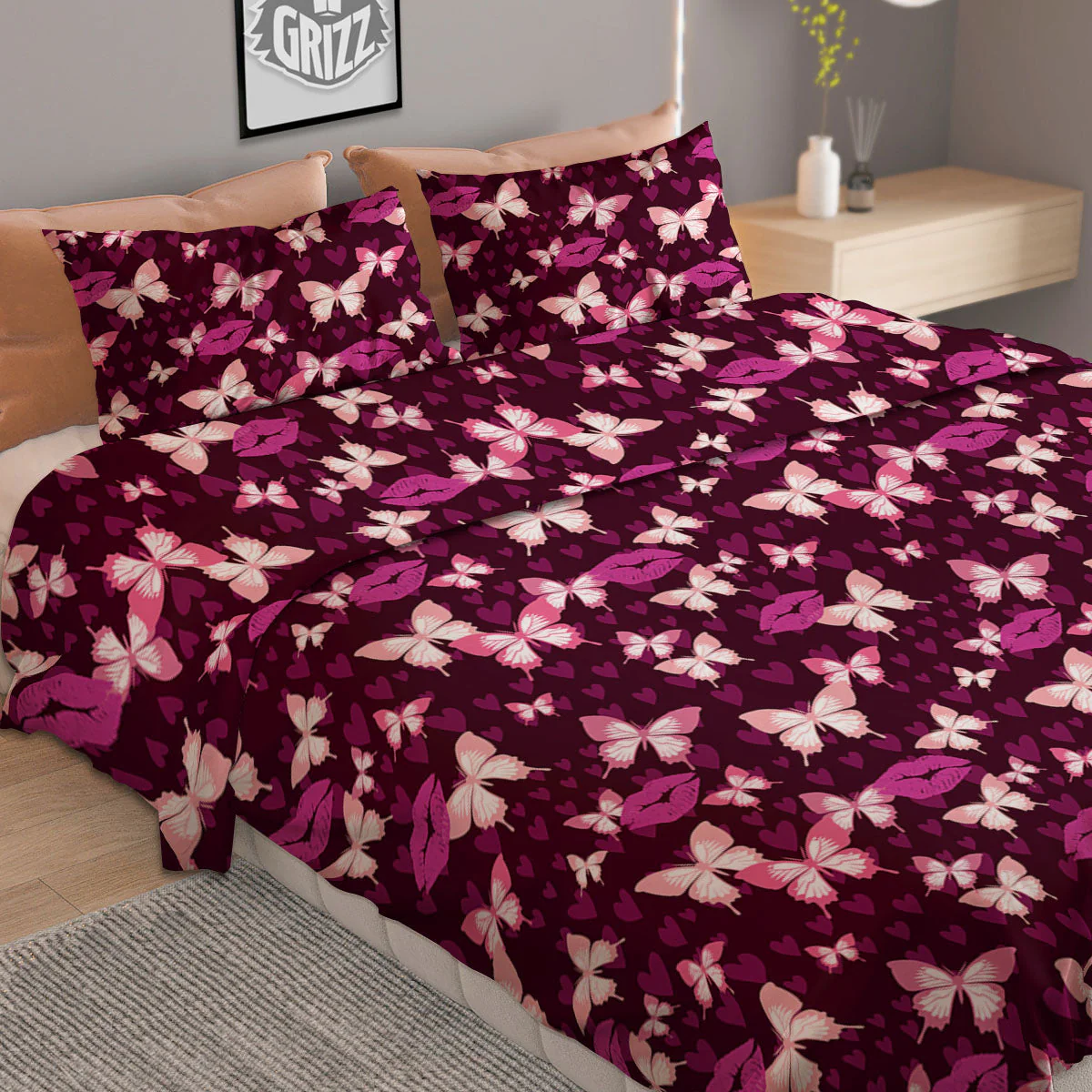 Butterfly And Girly Heart Print Pattern Duvet Cover Bedding Set - Image 2