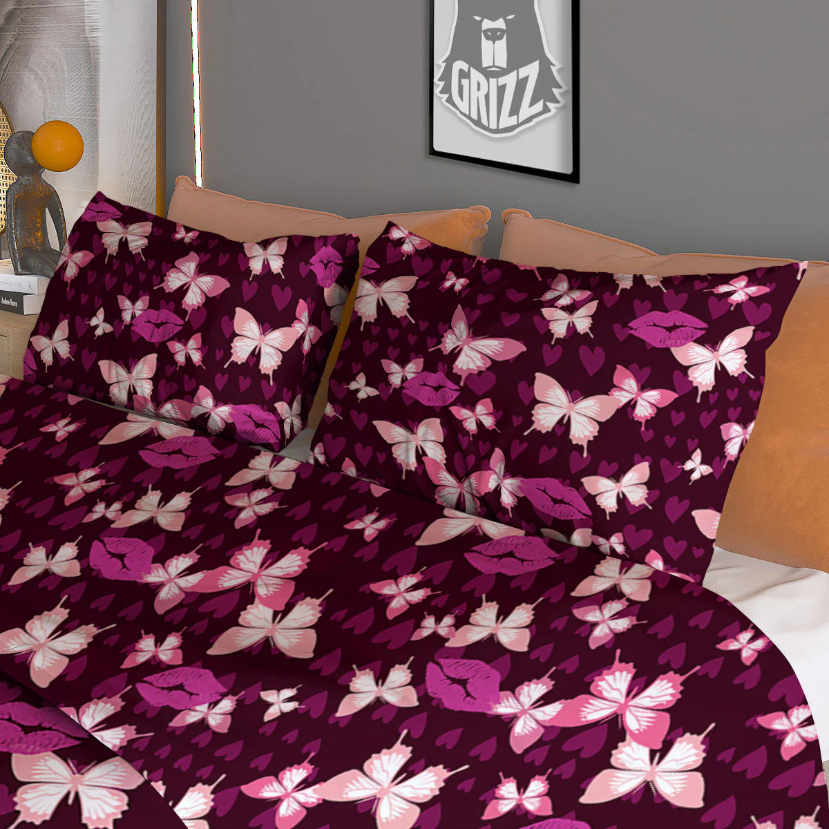 Butterfly And Girly Heart Print Pattern Duvet Cover Bedding Set - Image 3