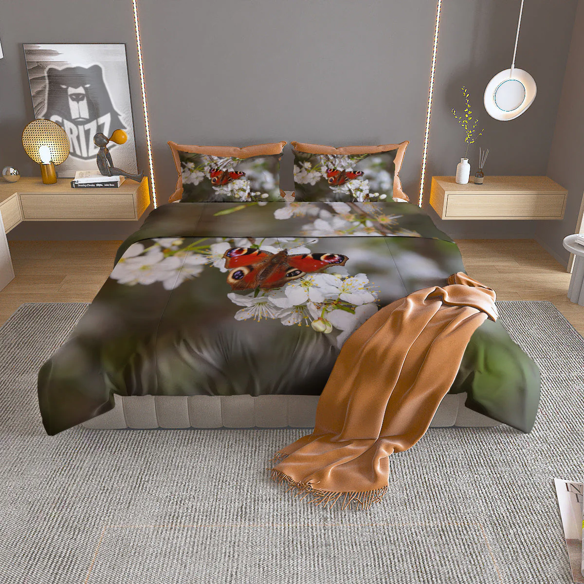 Butterfly Blossom Flower Print Duvet Cover Bedding Set