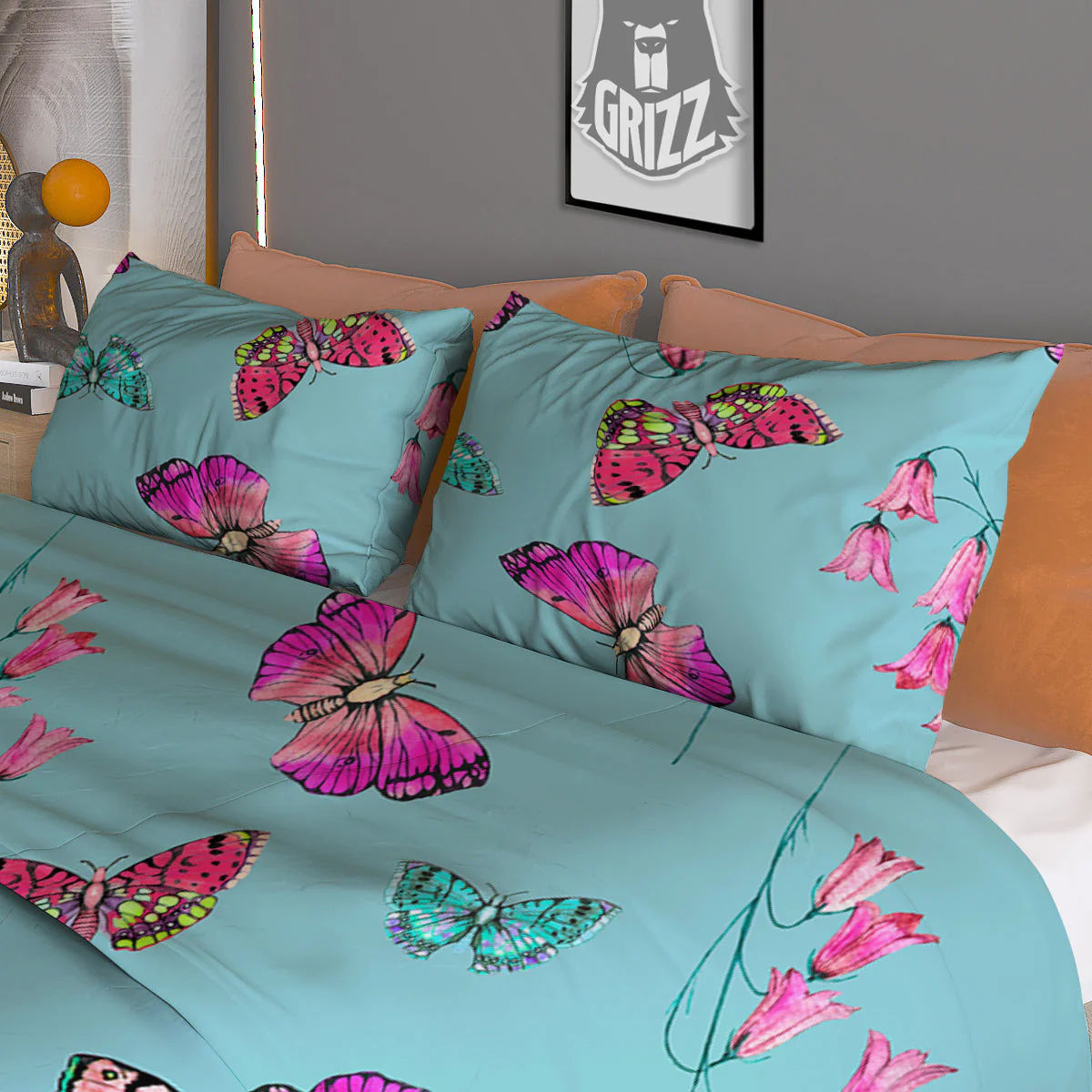 Butterfly Pink And Turquoise Print Pattern Duvet Cover Bedding Set - Image 3