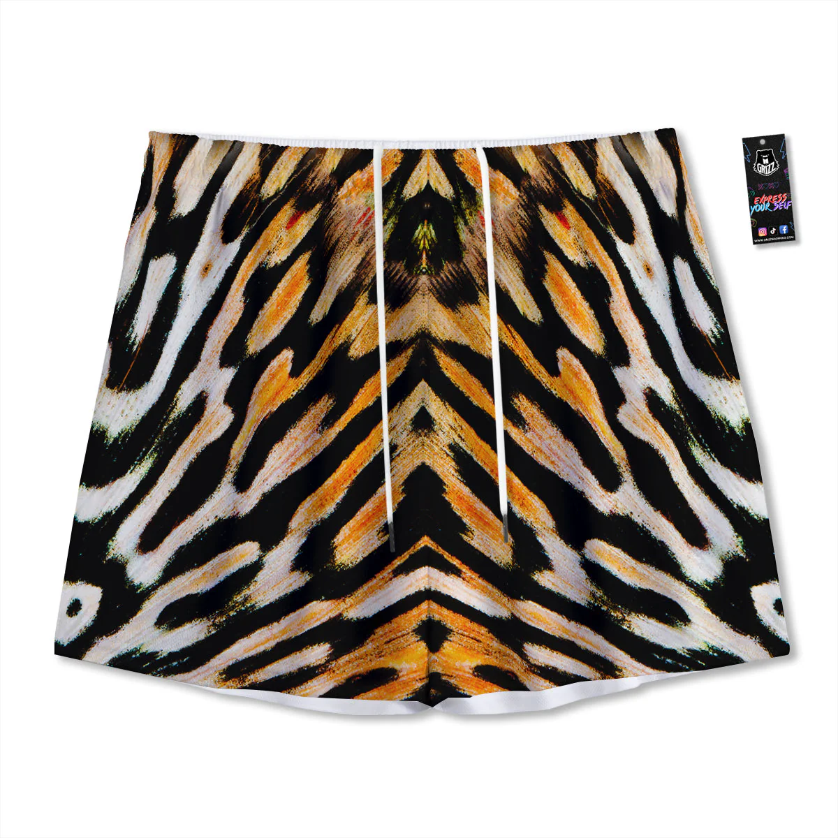 Butterfly Wing Skin White Orange Tiger Print Mesh Shorts