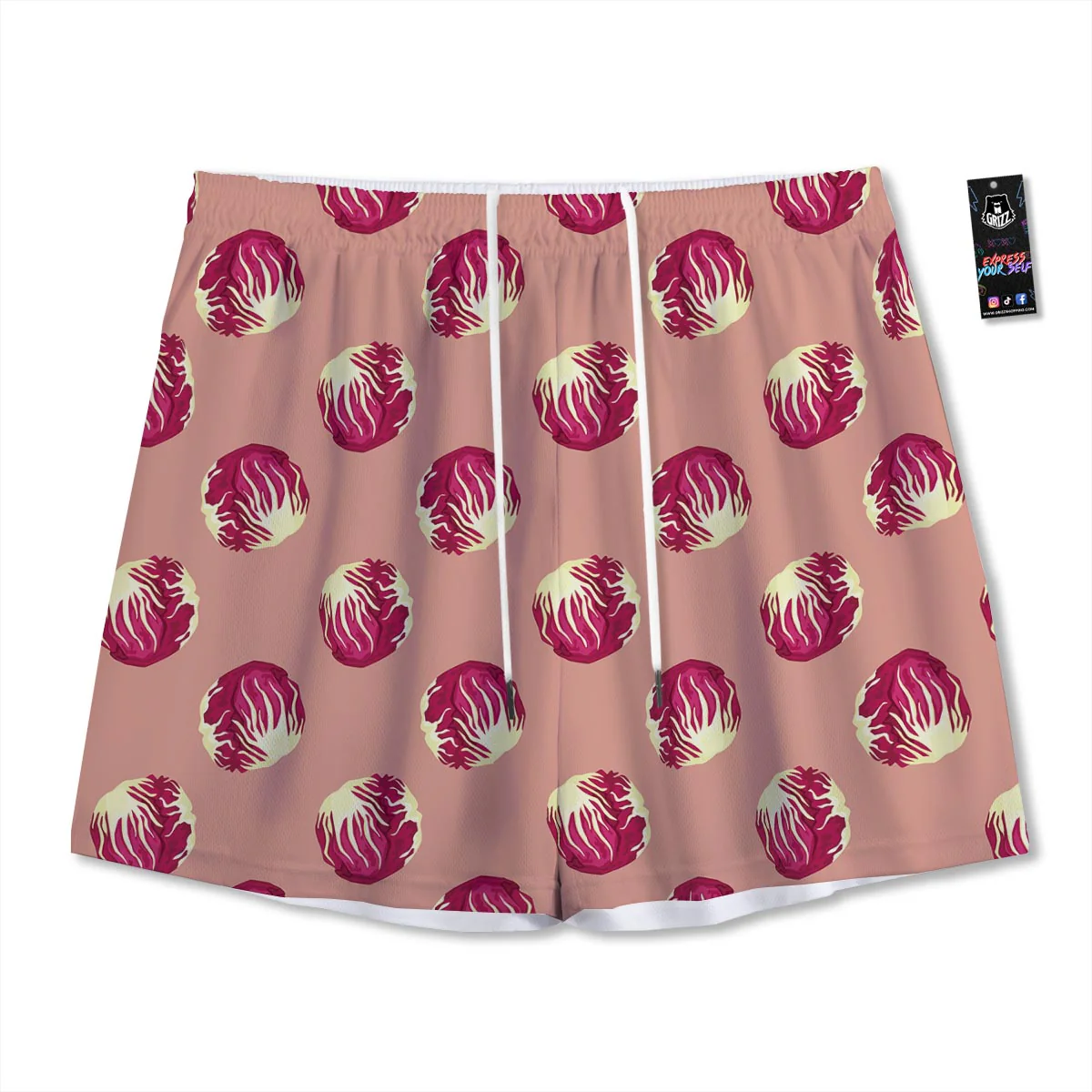 Cabbage Red Print Pattern Mesh Shorts