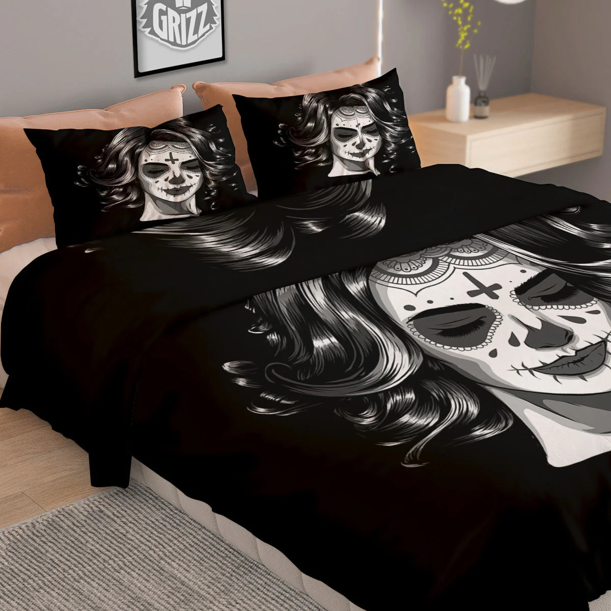 Calavera Girl White And Black Print Duvet Cover Bedding Set - Image 2