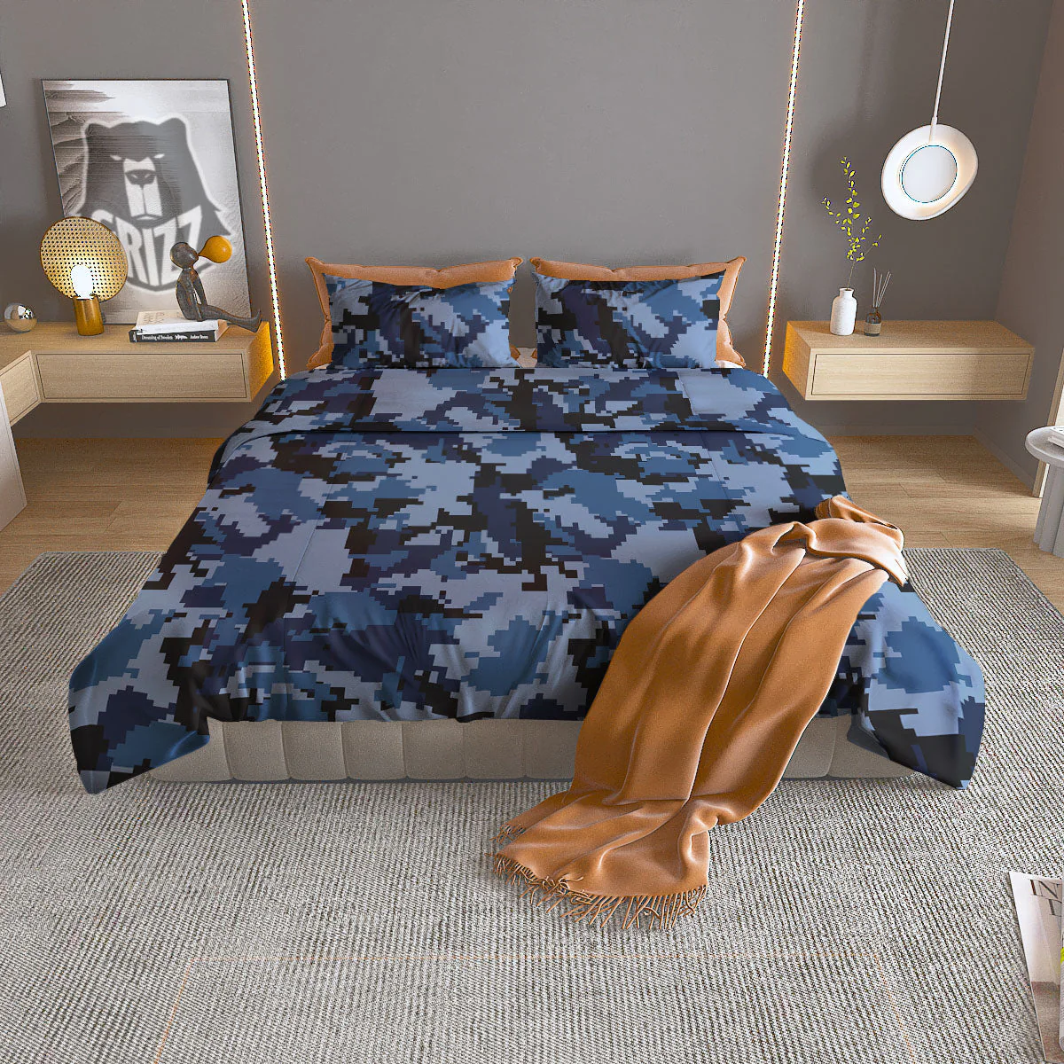 Camo Navy Digital Print Pattern Duvet Cover Bedding Set