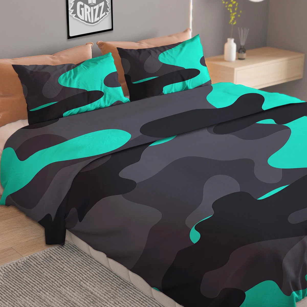 Camouflage Black And Teal Print Duvet Cover Bedding Set - Image 2