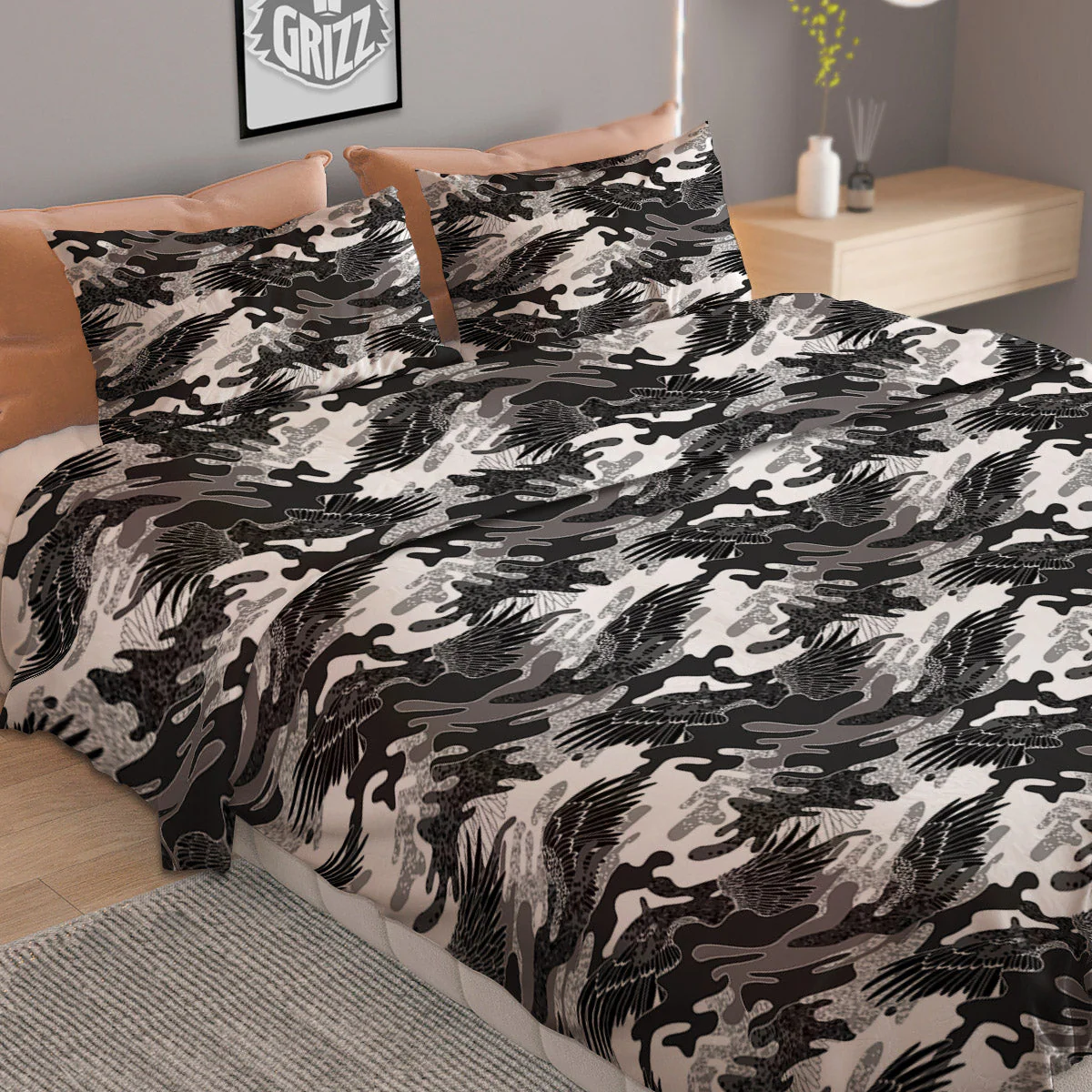 Camouflage Black Wings Print Pattern Duvet Cover Bedding Set - Image 2