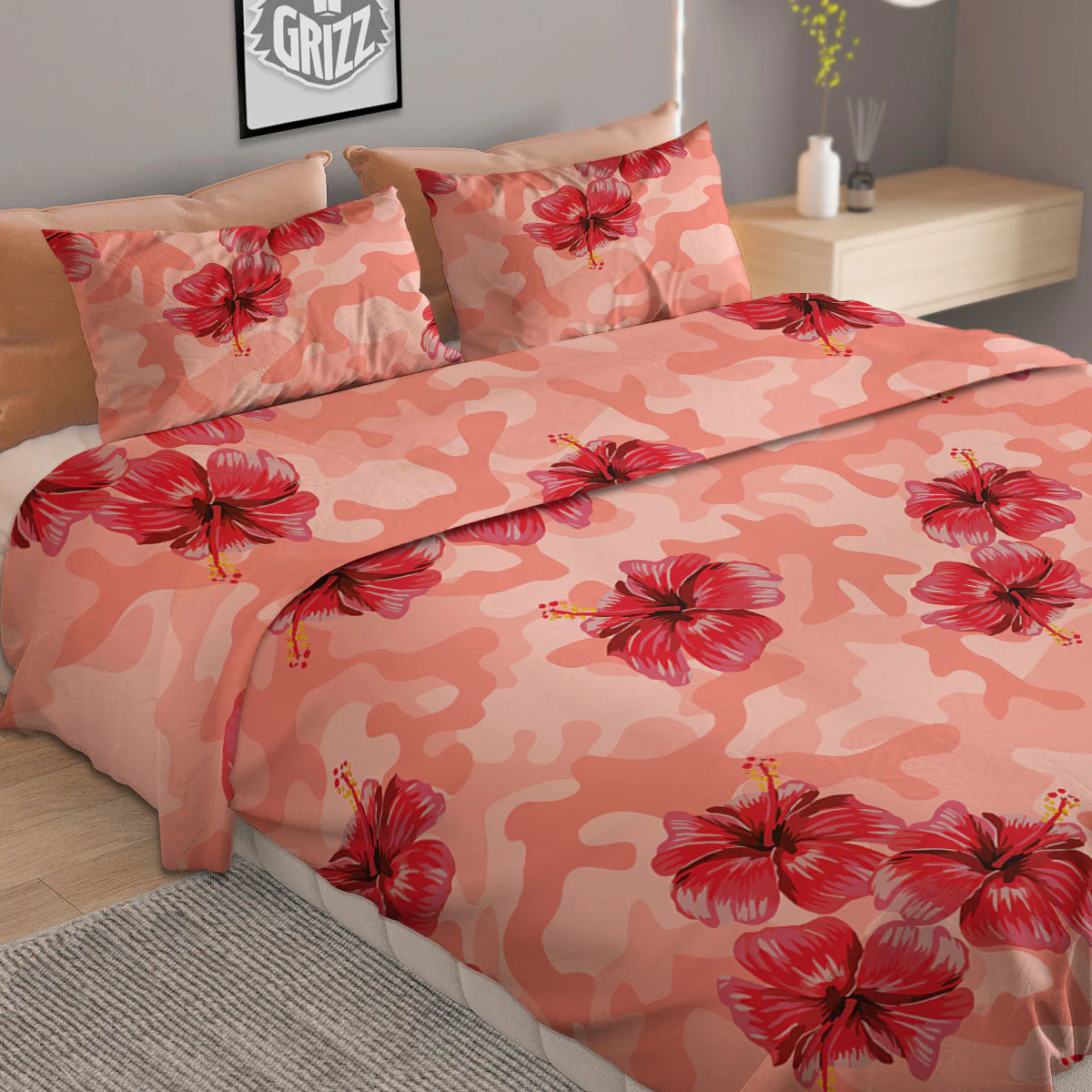 Camouflage Pink Hibiscus Flower Print Pattern Duvet Cover Bedding Set - Image 2