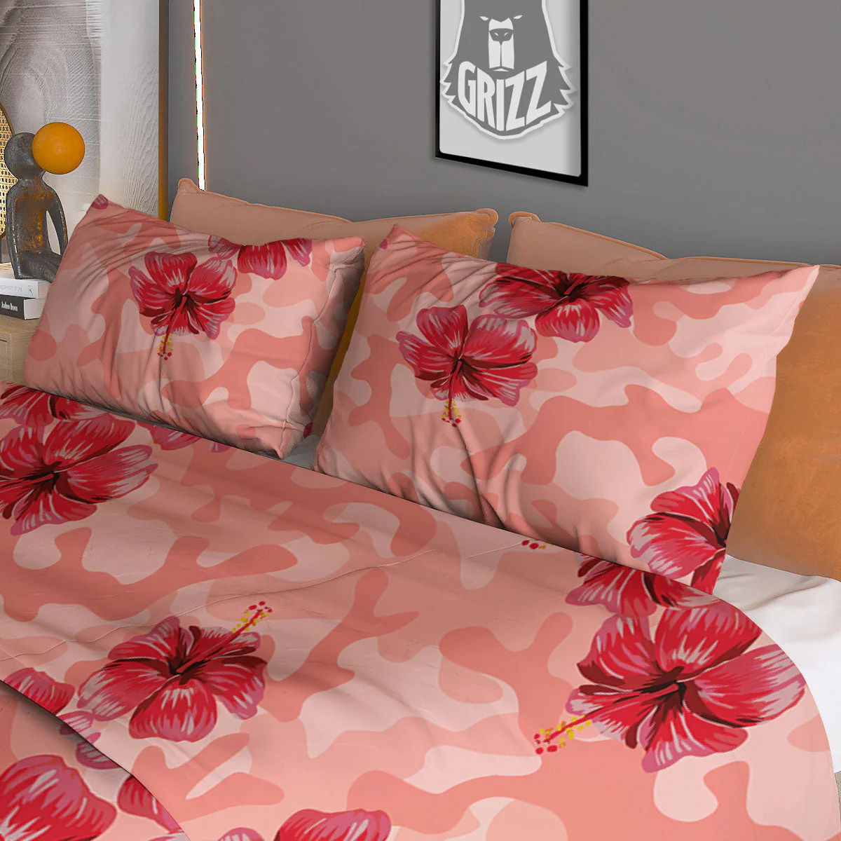 Camouflage Pink Hibiscus Flower Print Pattern Duvet Cover Bedding Set - Image 3
