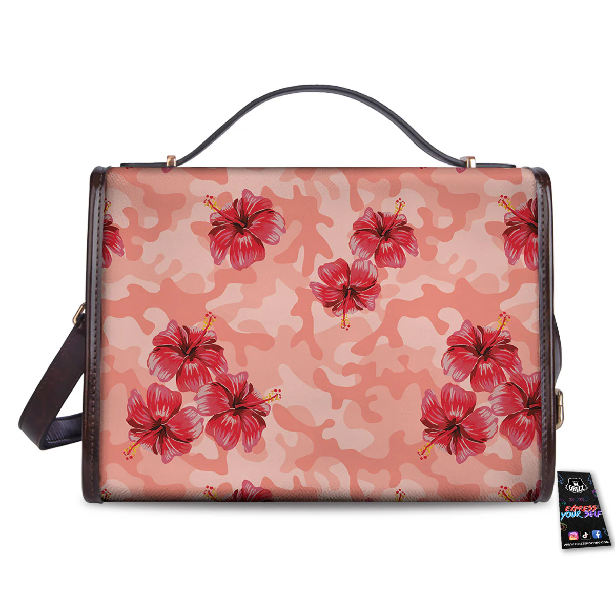 Camouflage Pink Hibiscus Flower Print Pattern Women's Satchel Bag - Image 2