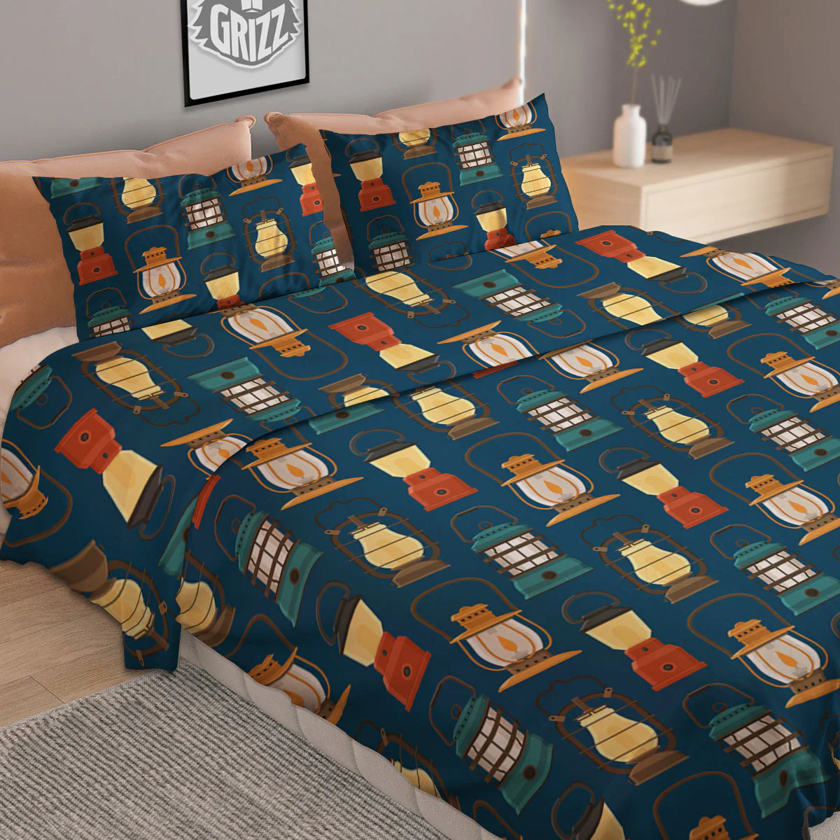 Camping Lantern Vintage Print Pattern Duvet Cover Bedding Set - Image 2
