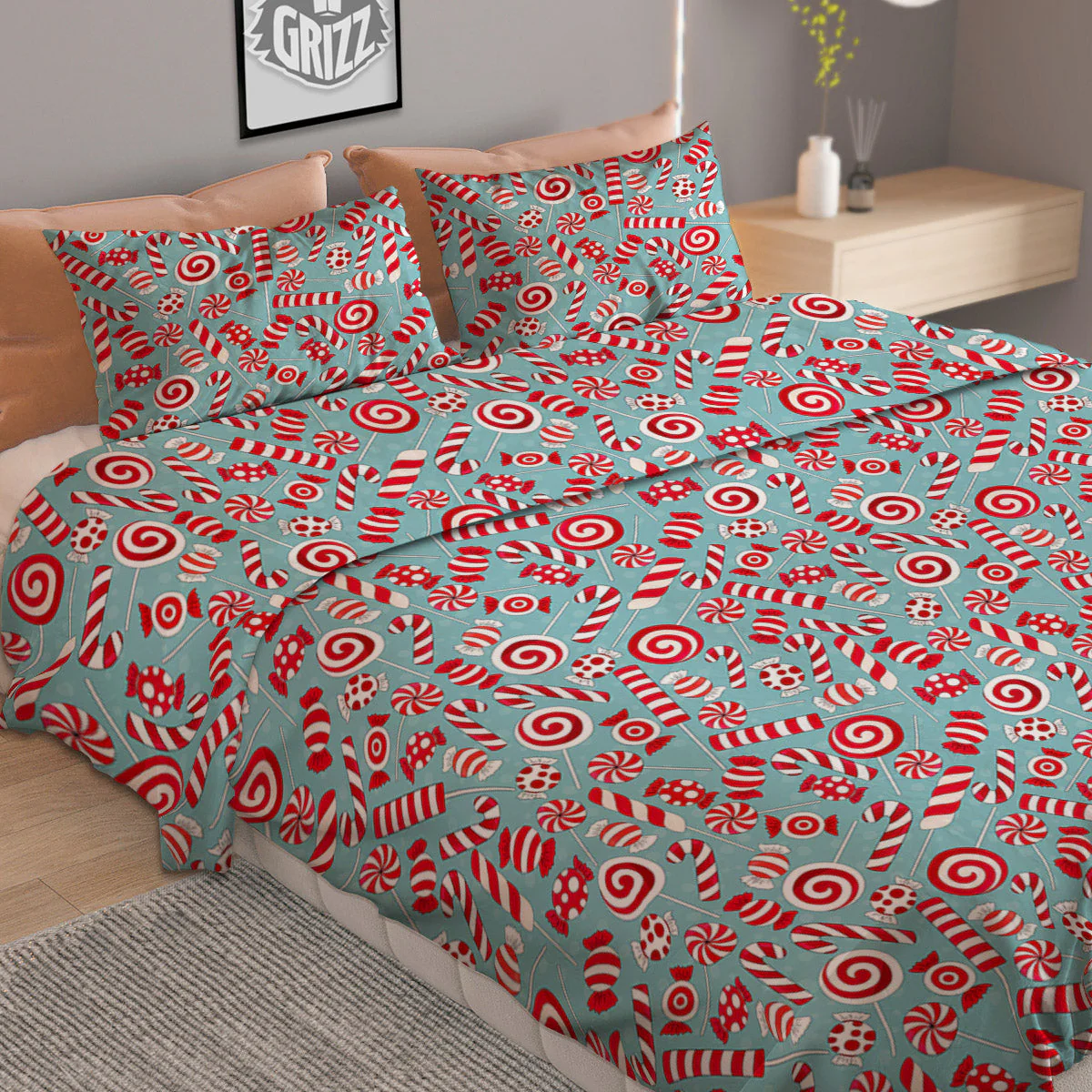 Candy Cane Christmas Print Pattern Duvet Cover Bedding Set - Image 2