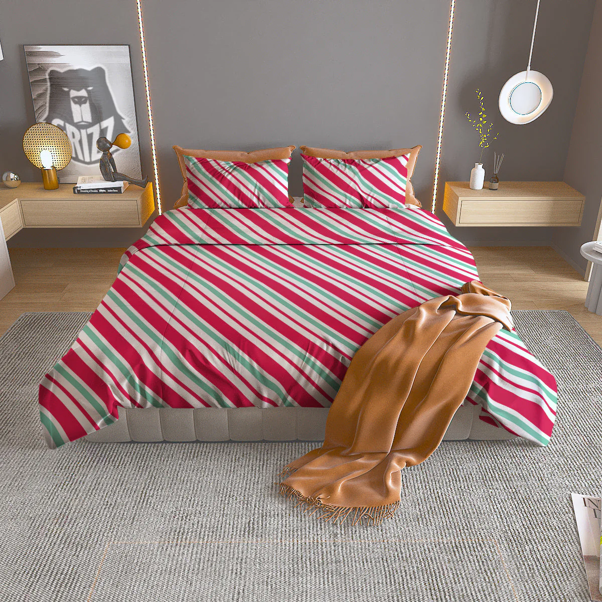 Candy Cane Striped Christmas Print Duvet Cover Bedding Set