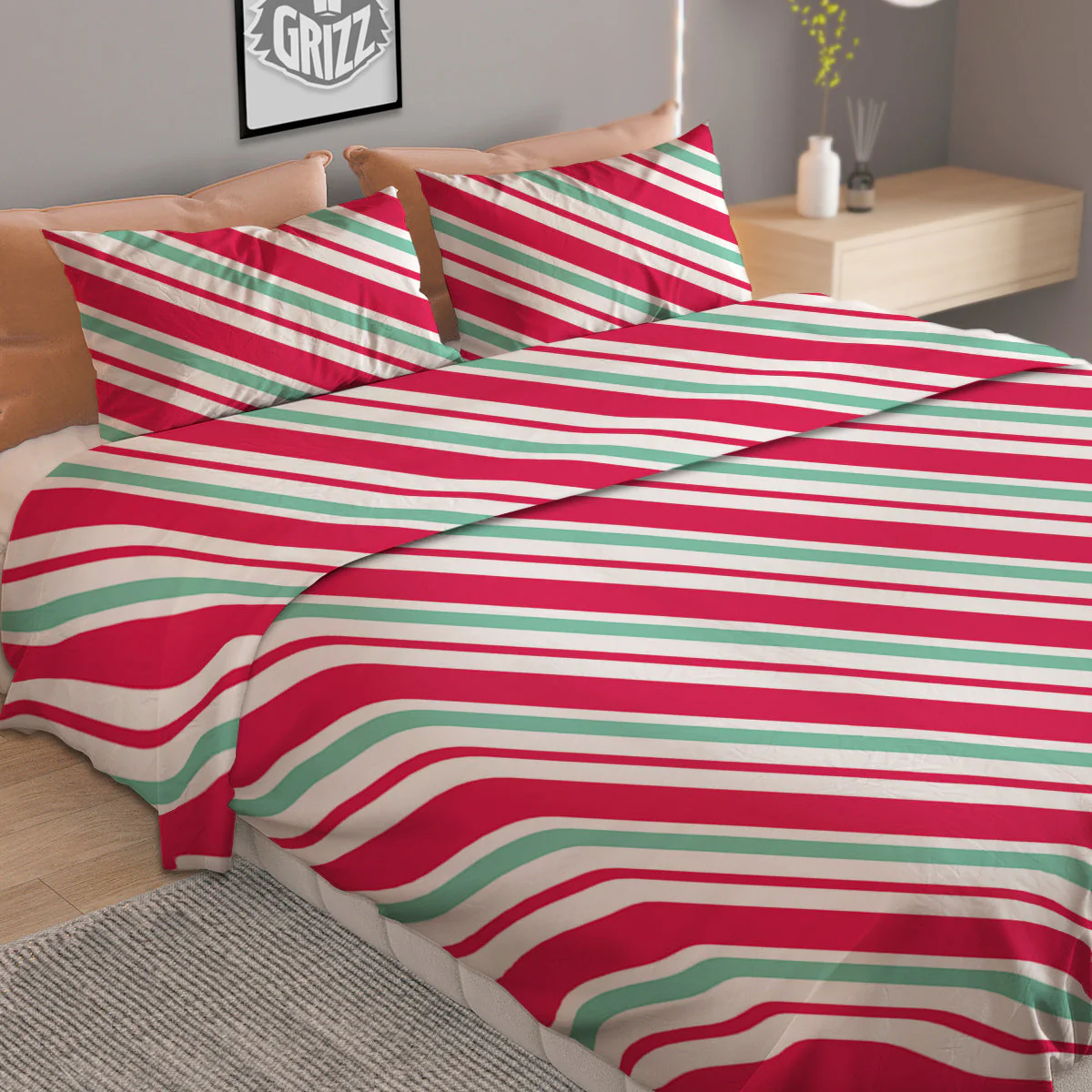 Candy Cane Striped Christmas Print Duvet Cover Bedding Set - Image 2