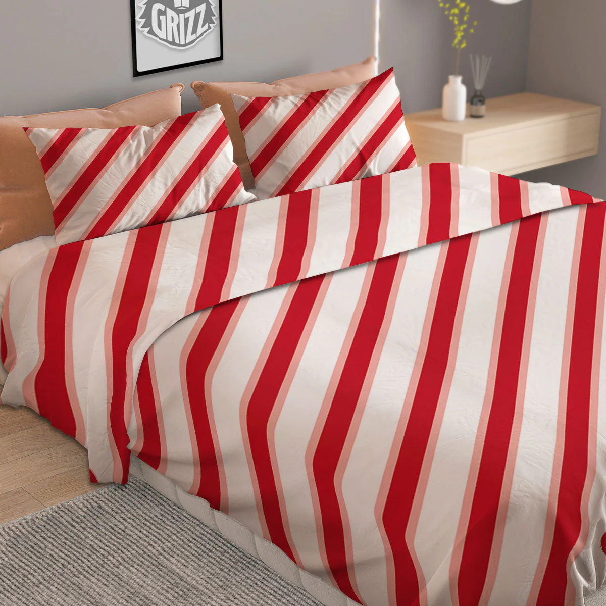 Candy Cane Stripes White And Red Print Duvet Cover Bedding Set - Image 2