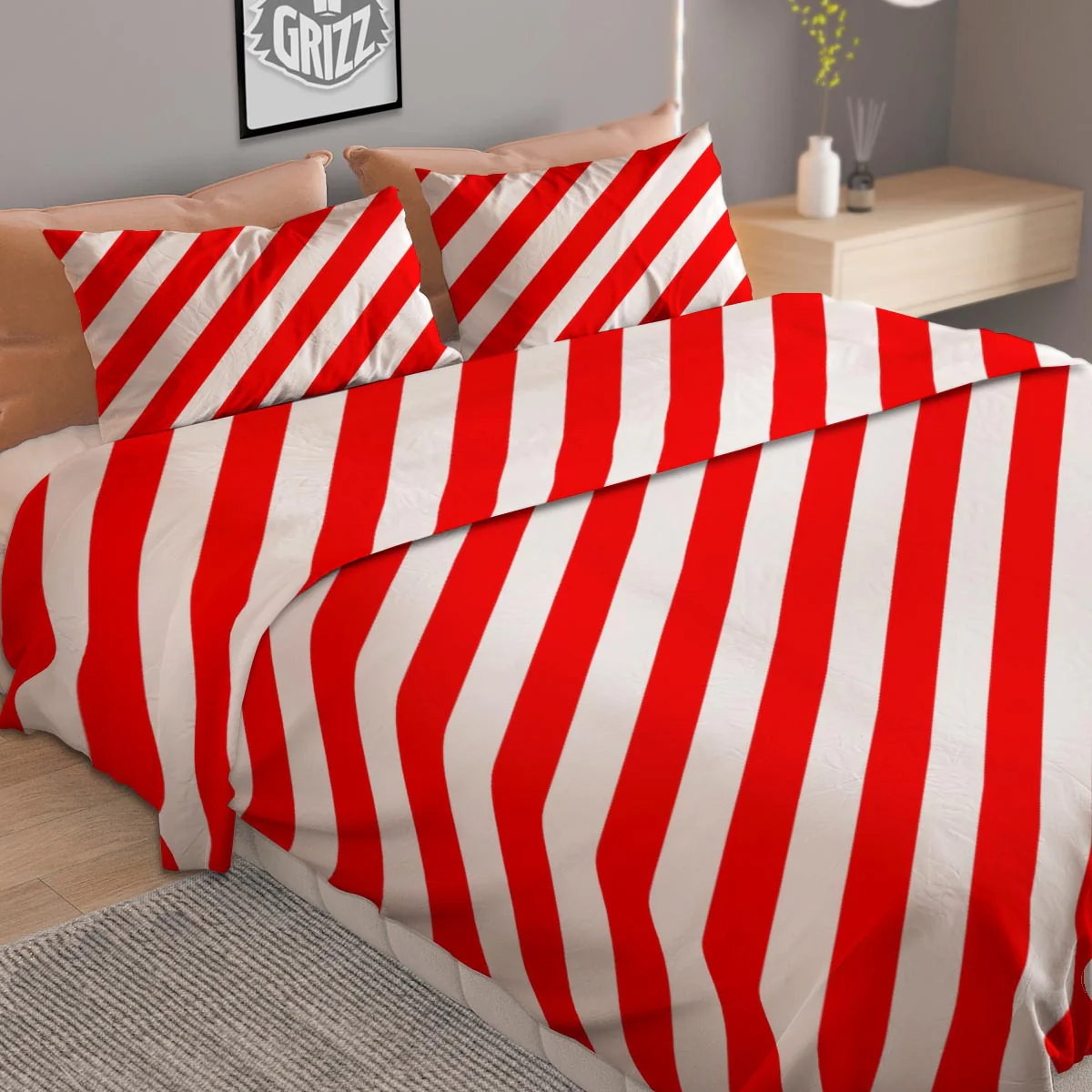 Candy Cane White And Red Print Pattern Duvet Cover Bedding Set - Image 2