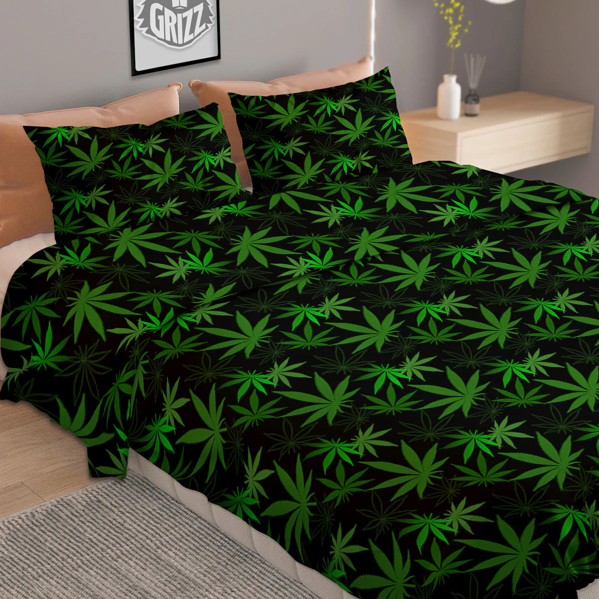 Cannabis Leaf Black And Green Print Duvet Cover Bedding Set - Image 2