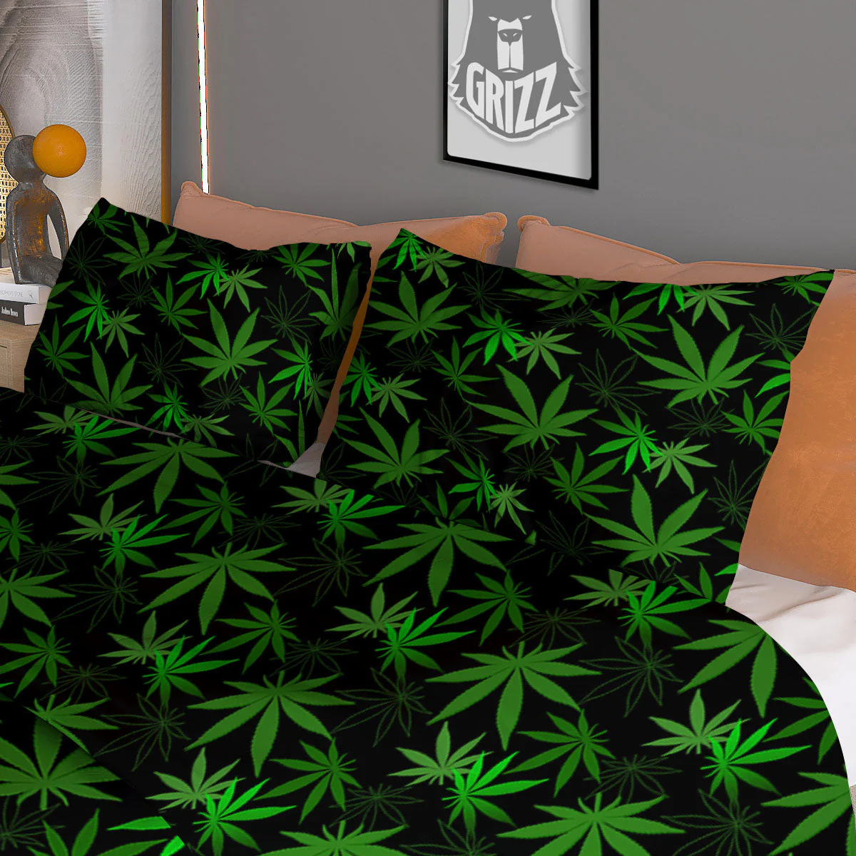 Cannabis Leaf Black And Green Print Duvet Cover Bedding Set - Image 3