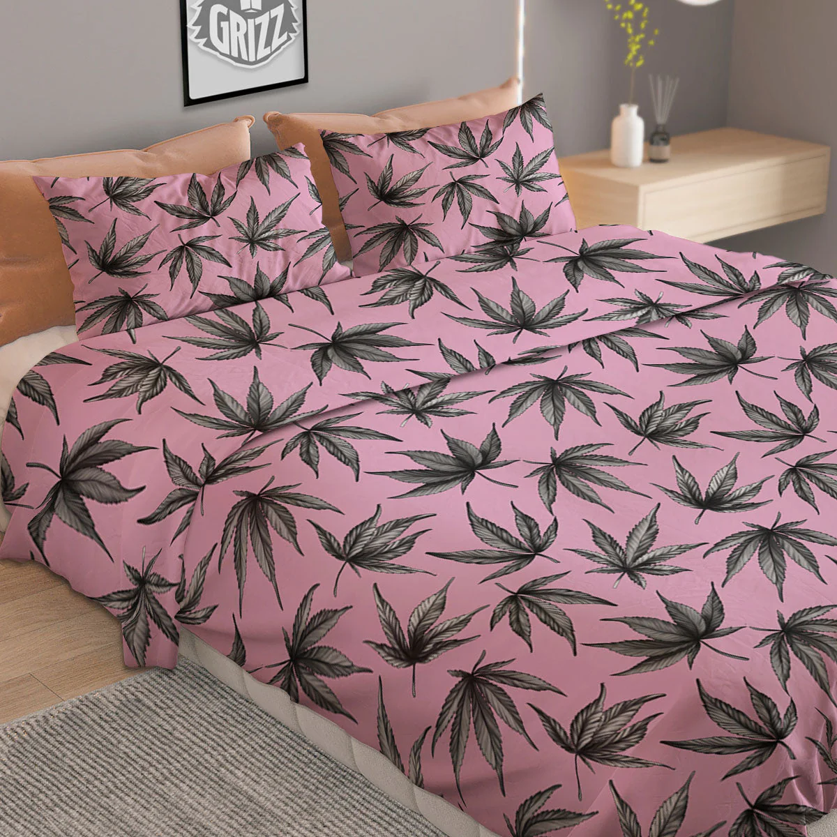 Cannabis Leaf Pink And Green Print Duvet Cover Bedding Set - Image 2