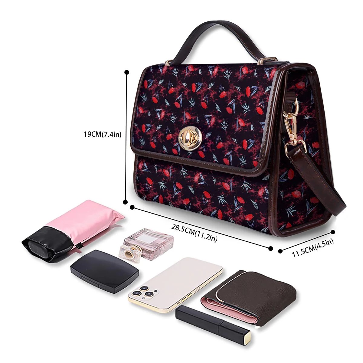 Carnation Black And Red Print Pattern Women's Satchel Bag - Image 4