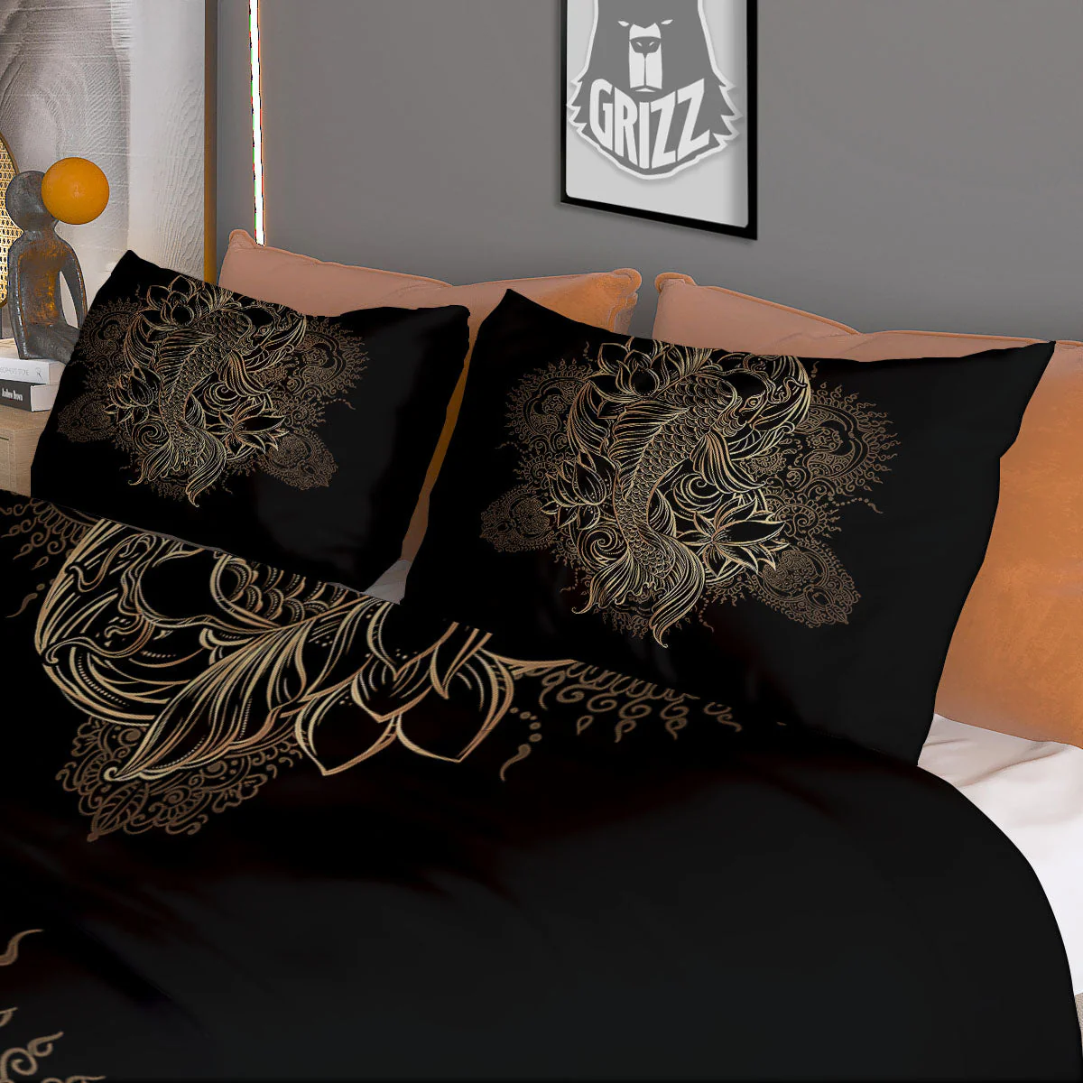 Carp Koi Fish Gold Print Duvet Cover Bedding Set - Image 3