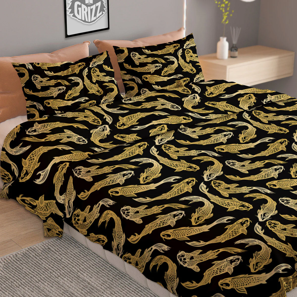 Carp Koi Golden Chinese Print Pattern Duvet Cover Bedding Set - Image 2