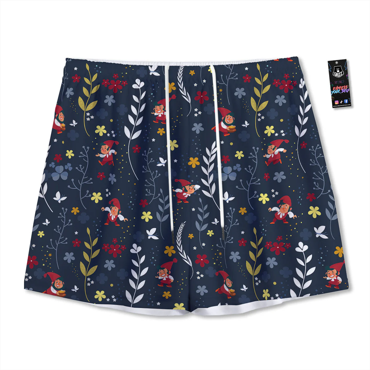 Cartoon Elf And Floral Print Pattern Mesh Shorts