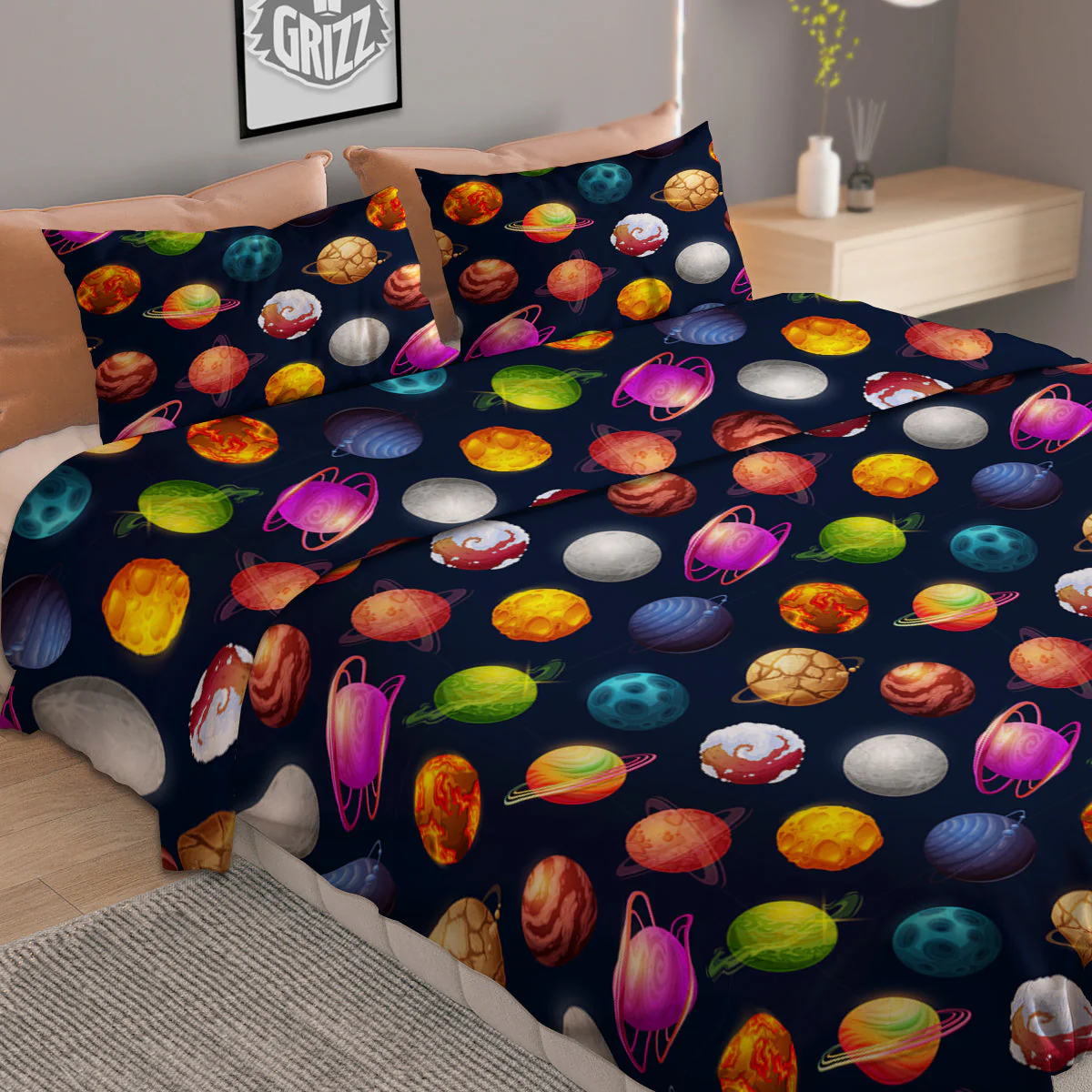 Cartoon Futuristic Planets Colorful Print Pattern Duvet Cover Bedding Set - Image 2
