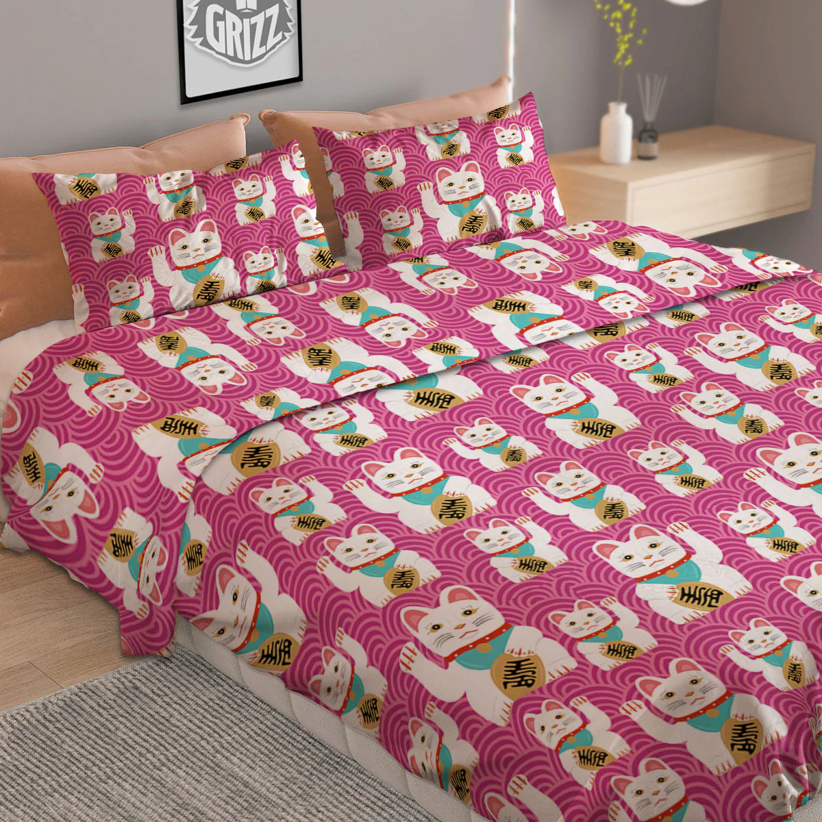 Cartoon Lucky Cat Japanese Print Pattern Duvet Cover Bedding Set - Image 2