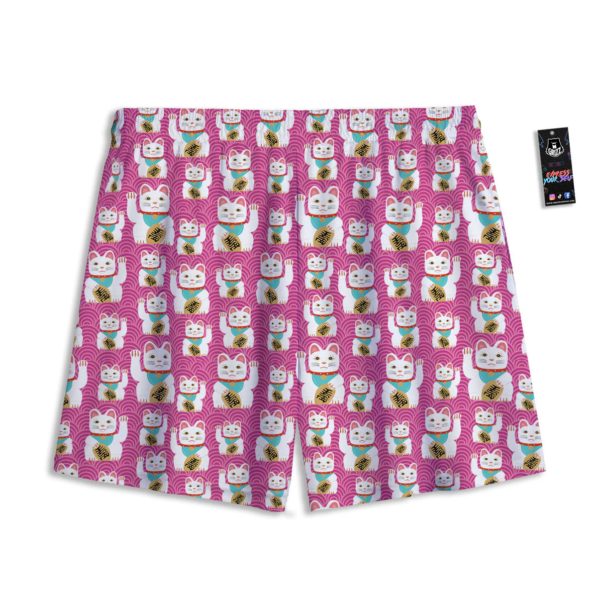 Cartoon Lucky Cat Japanese Print Pattern Mesh Shorts - Image 2