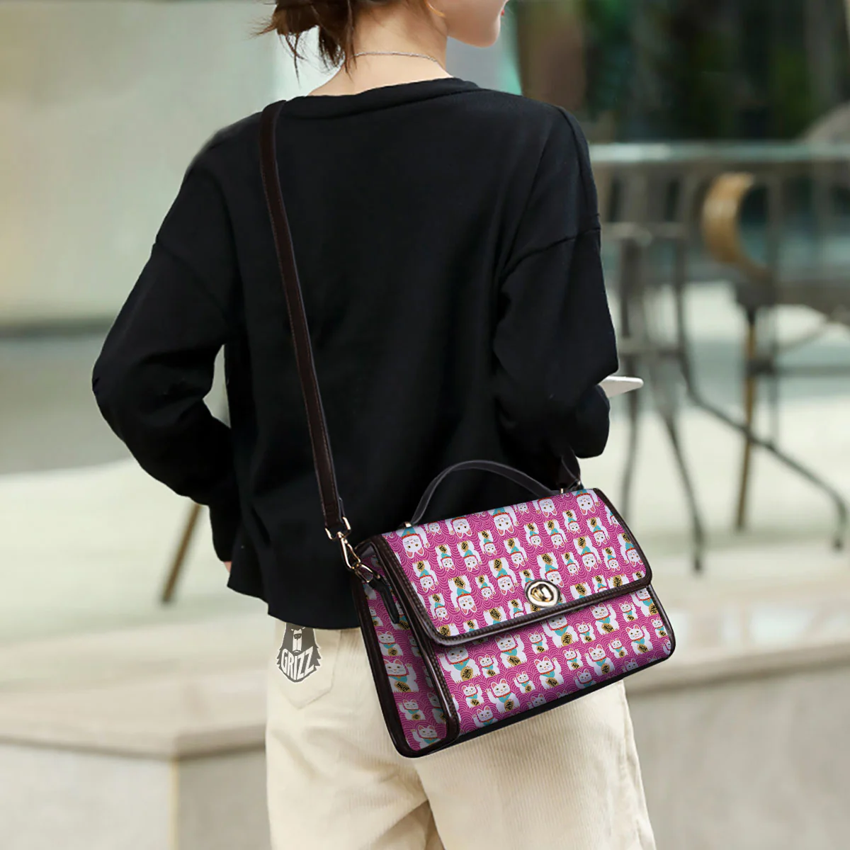 Cartoon Lucky Cat Japanese Print Pattern Women's Satchel Bag - Image 3