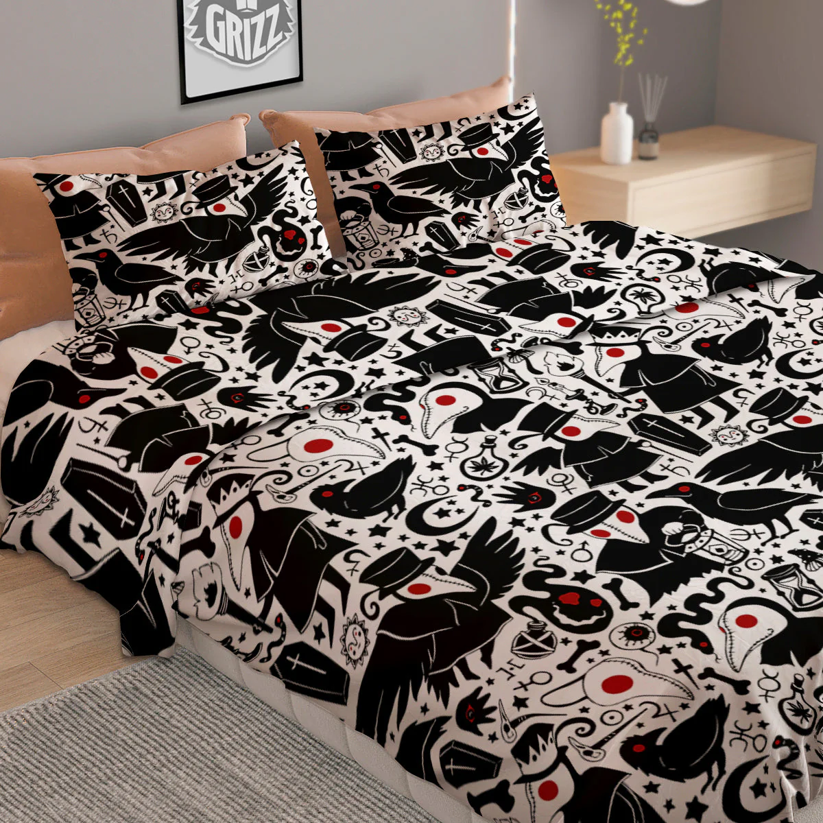 Cartoon Plague Doctors And Crows Red Eyes Print Pattern Duvet Cover Bedding Set - Image 2