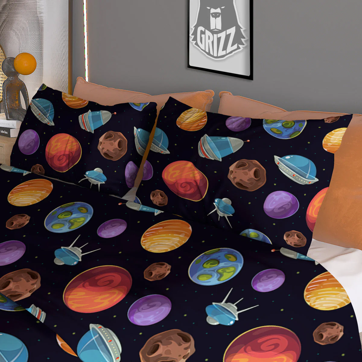 Cartoon Planets Colorful UFO Print Pattern Duvet Cover Bedding Set - Image 3